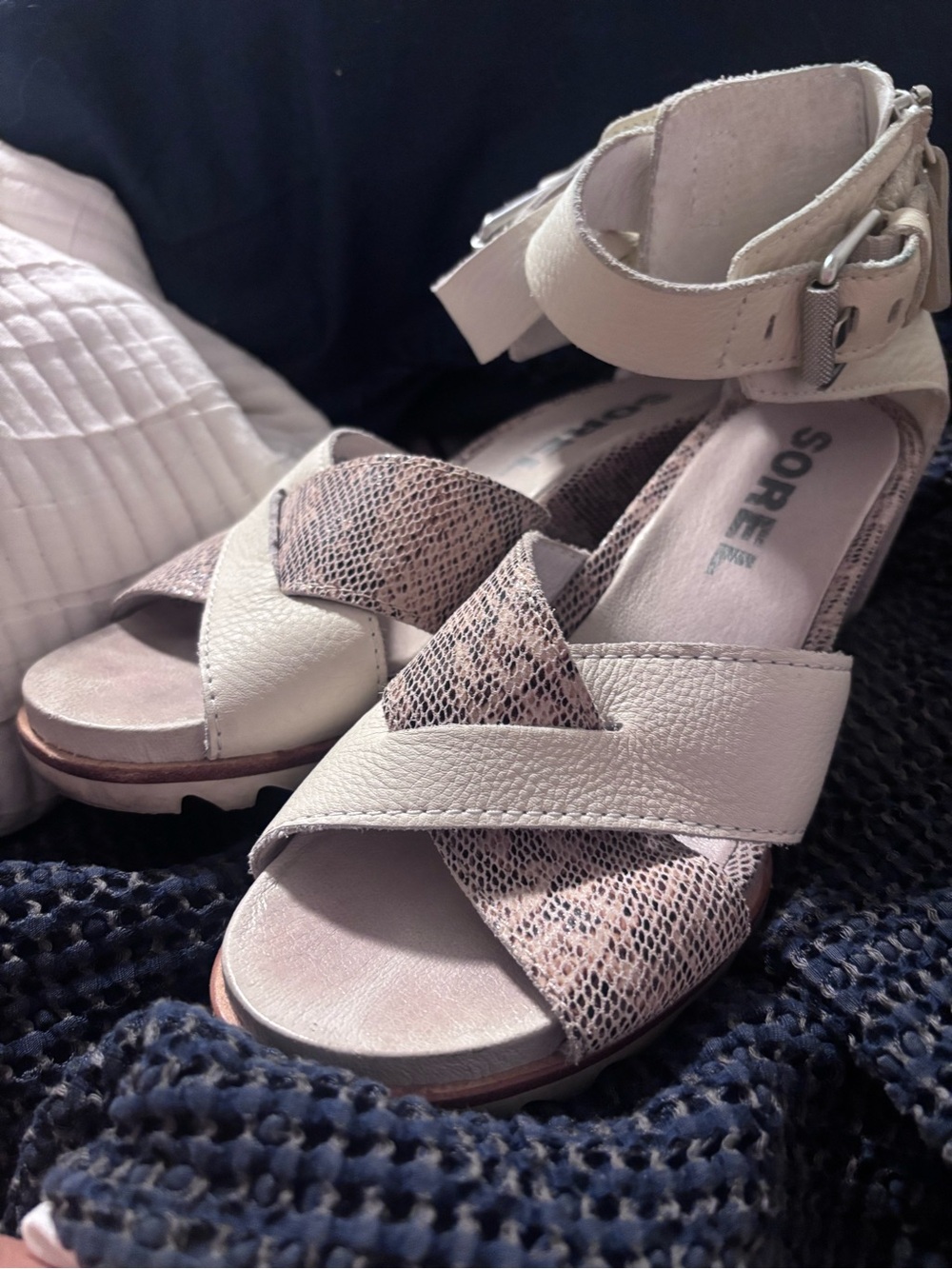 Sorel Two-Tone Beige Snake-Print Ankle-Strap Sandals Joanie 1